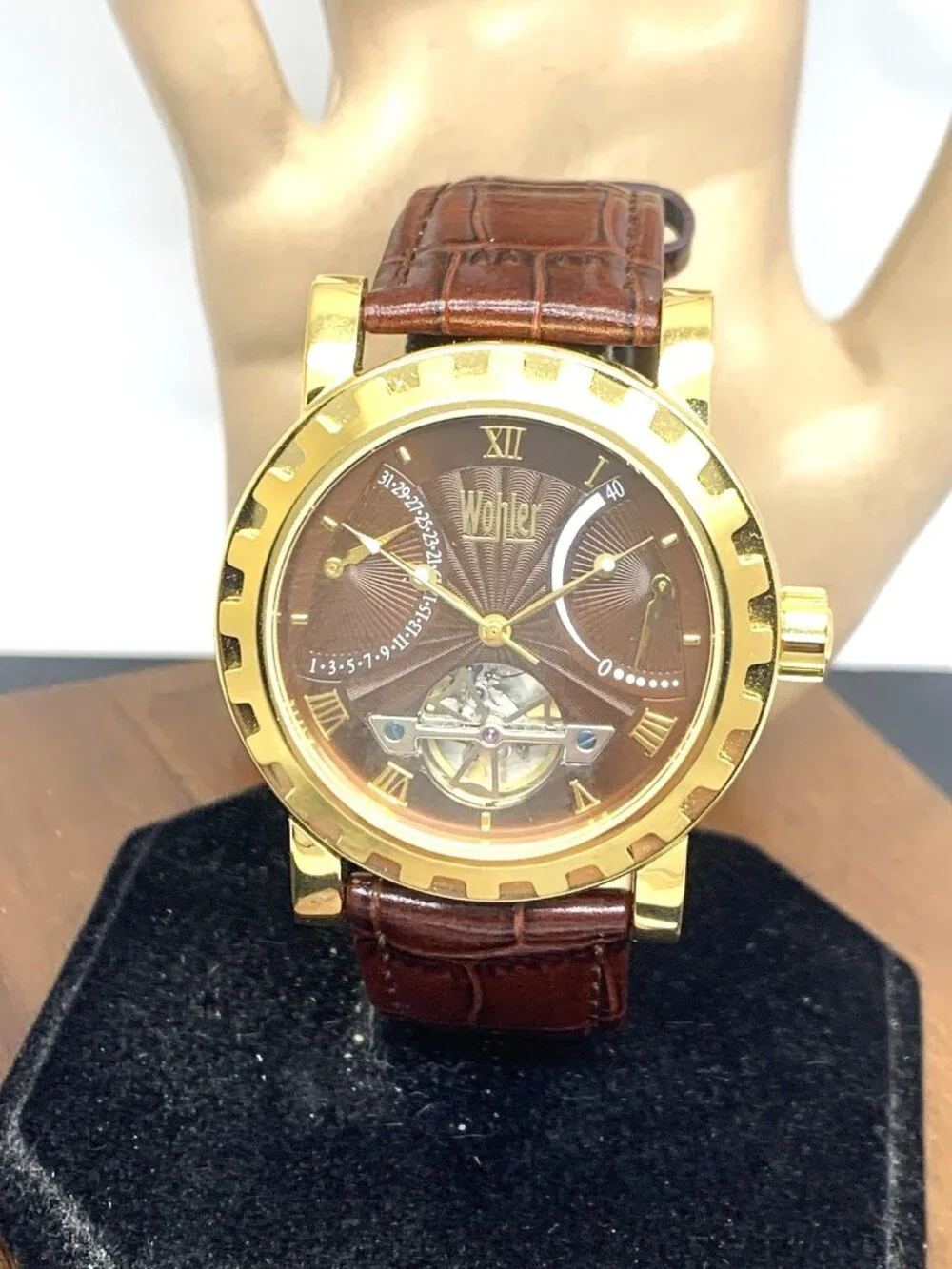 Wohler Men's Watch Automatic Gold Tone Case Brown Dial Leather Strap 42mm